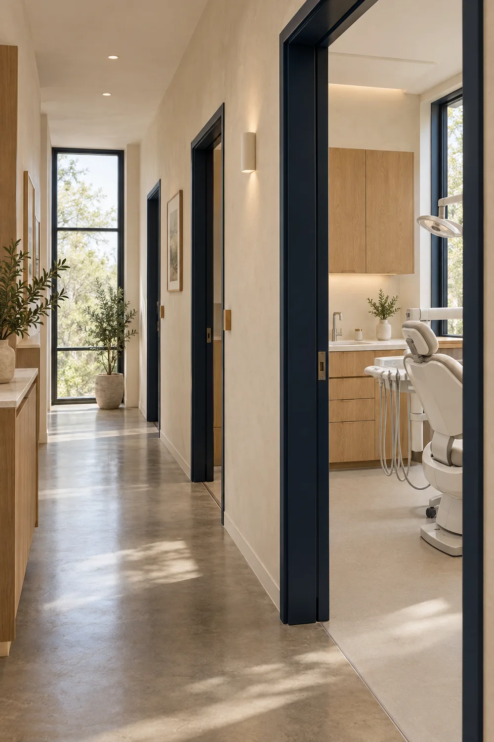 Conceptual dental-practice interior with natural light, oak cabinetry, and a treatment room; not a client location.